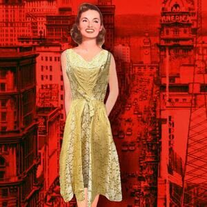 1950s Gold Lamé Brocade Fit & Flare Holiday Cocktail Dress Vintage Sylvia Ann